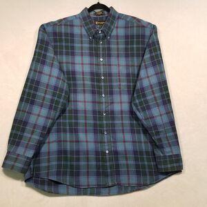 Kinloch Anderson Scotland Mens XL Wool Blend Blue Plaid Twill Button-Down Shirt